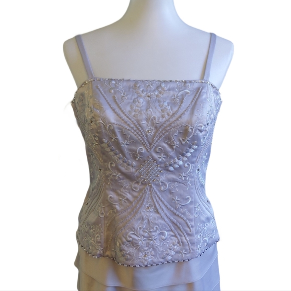 Nina Nischelle Silver Tiered Satin Evening Dress Sleeveless Rhinestone Dress 12 - Picture 2 of 10